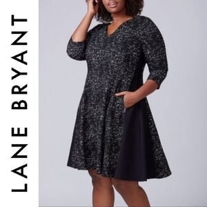 LANE BRYANT 3/4 Sleeve Black White Fit & Flare V-Neck Holiday Career Dress 14/16